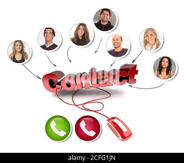 A group of friends in a video call with the word contact Stock Photo