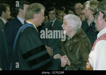 Jimmy Carter greets his mother Miss Lillian Carter at the commencement ceremonies at Georgia Institute of Technology in Atlanta GA. ca.  20 February 1979 Stock Photo