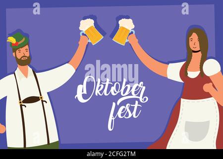 german couple wearing tyrolean suit drinking beers characters vector illustration design Stock Vector