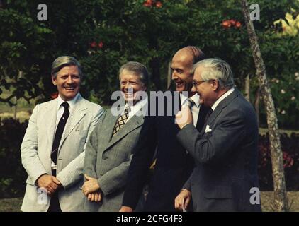 'Jimmy Carter and leaders of Western Europe, Helmut Schmidt, Giscard d'Estaing and James Callaghan pose while meeting in Guadeloupe. ca.  01/05/1979' Stock Photo