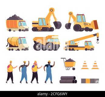 bundle of construction vehicles and tools with workers vector illustration design Stock Vector