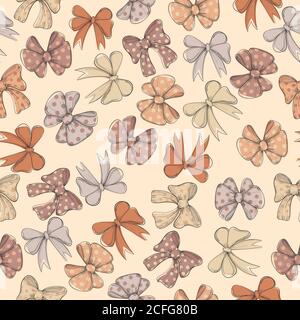 Seamless pattern background with beige dotted bow and bow-tie. Vector backdrop for holiday decorating greeting cards for wedding, birthday, Valentine Stock Vector