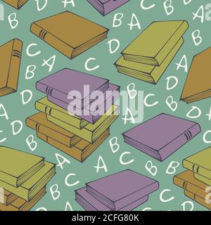 Vector seamless pattern of books and stacks of books isolated on a light background with letters. Concept for book shop. Stock Vector