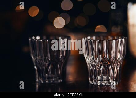 The crystal drinking glasses on the night light Stock Photo