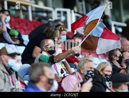 LONDON, ENGLAND. SEPTEMBER 5TH 2020 Fans wave flags during the Gallagher Premiership match between Harlequins and Bath Rugby at Twickenham Stoop, London. (Credit: Jacques Feeney | MI News) Credit: MI News & Sport /Alamy Live News Stock Photo