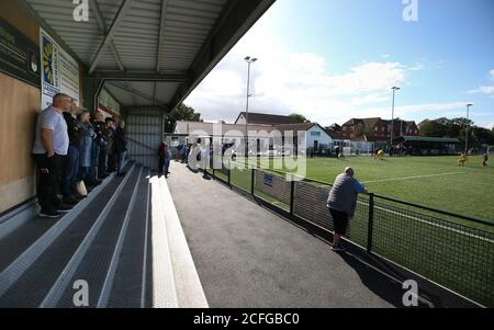 Hamworthy, UK. 5th September 2020.  Fans return to watch their local non-league football team Hamworthy United  FC play against Christchurch FC in their opening game of the new season in the Sydenhams Premier League (Wessex) which comprises teams in the Dorset, Hampshire and Wiltshire areas of England. credit: Richard Crease/Alamy Live News Stock Photo