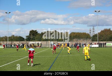 Hamworthy, UK. 5th September 2020.  Fans return to watch their local non-league football team Hamworthy United  FC play against Christchurch FC in their opening game of the new season in the Sydenhams Premier League (Wessex) which comprises teams in the Dorset, Hampshire and Wiltshire areas of England. credit: Richard Crease/Alamy Live News Stock Photo