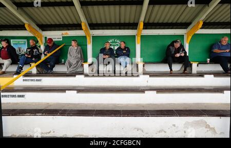 Hamworthy, UK. 5th September 2020.  Fans return to watch their local non-league football team Hamworthy United  FC play against Christchurch FC in their opening game of the new season in the Sydenhams Premier League (Wessex) which comprises teams in the Dorset, Hampshire and Wiltshire areas of England. credit: Richard Crease/Alamy Live News Stock Photo