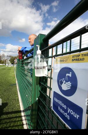 Hamworthy, UK. 5th September 2020.  Fans return to watch their local non-league football team Hamworthy United  FC play against Christchurch FC in their opening game of the new season in the Sydenhams Premier League (Wessex) which comprises teams in the Dorset, Hampshire and Wiltshire areas of England. credit: Richard Crease/Alamy Live News Stock Photo