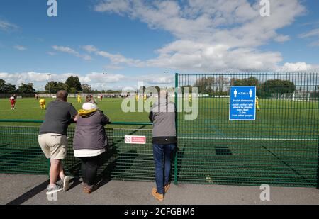 Hamworthy, UK. 5th September 2020.  Fans return to watch their local non-league football team Hamworthy United  FC play against Christchurch FC in their opening game of the new season in the Sydenhams Premier League (Wessex) which comprises teams in the Dorset, Hampshire and Wiltshire areas of England. credit: Richard Crease/Alamy Live News Stock Photo