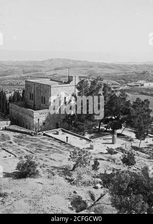 Original Caption:  Mount of Olives Bethany etc. Jordan Vallery and the Dead Sea from Olivet. Bethphage  - Location: Jerusalem ca.  1900 Stock Photo