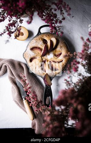 Plum cake in the pan Stock Photo