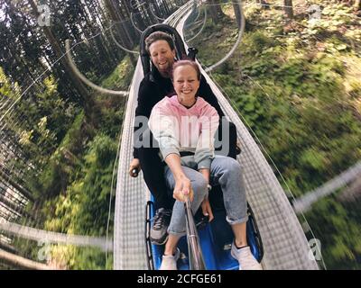 Summer toboggan run rodelbahn with many curves on a mountain