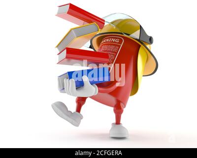 Fire extinguisher character carrying books isolated on white background Stock Photo