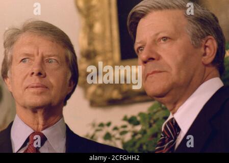 Close up of Jimmy Carter and German Chancellor Helmut Schmidt. ca.  13 July 1977 Stock Photo