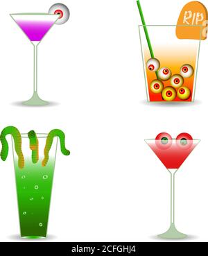 Halloween treat. Drink, cocktail with eyeballs Scary characters. Halloween recipes Stock Vector