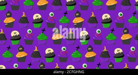Halloween pattern. Muffins and cupcakes. Scary and terrible pattern. Background for Halloween. Textile and wrapping paper design. Stock Vector
