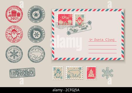 Christmas Voucher as envelpe template with Santa in stamp, Snoqman in stamp . Value 100 dollars for department stores, business Stock Vector