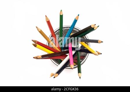 Colored pencils in a metal stand on a white background Stock Photo