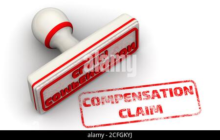 Compensation claim. The stamp and an imprint. White seal and red imprint COMPENSATION CLAIM on white surface. 3D illustration Stock Photo