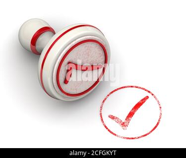 The choice is made. The stamp and an imprint. The checkmark as white stamp and red imprint on white surface. 3D illustration Stock Photo