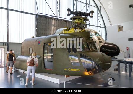 The nose section of a Boeing Chinook HC2 helicopter on display in the RAF Museum, London, UK. Stock Photo