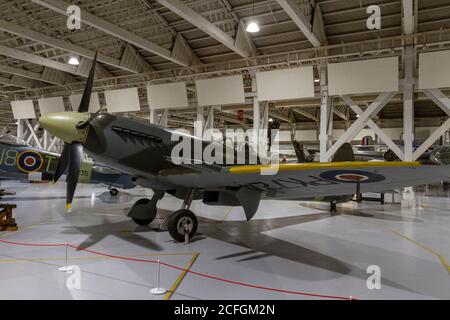 A Supermarine Spitfire F24 fighter with a Griffon engine, one of the last production Spitfires, on display in the RAF Museum, London, UK. Stock Photo