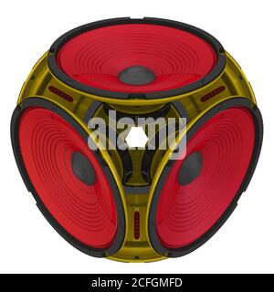 Round audio speakers arranged in the shape of a cube. Isolated. 3D illustration Stock Photo