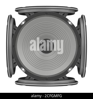 Round audio speakers arranged in the shape of a cube. Isolated. 3D Illustration Stock Photo