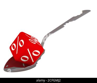 Tasty percentage. The spoon (kitchen utensils) with bite marks and red cube labeled with percentage symbols. Isolated. 3D Illustration Stock Photo