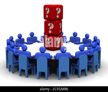 Problem solving. Symbolic people sitting at a round conference table in the center of which lies the dice with symbols of questions. Stock Photo
