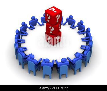 Problem solving. Symbolic people sitting at a round conference table in the center of which lies the dice with symbols of questions. Stock Photo