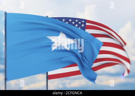 Waving American flag and flag of Somalia. Closeup view, 3D illustration. Stock Photo