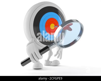 Bull's eye character looking through magnifying glass isolated on white background Stock Photo