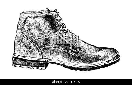 Hand drawn hiking boot. Isolated vector illustration in sketch engraving style. Vector Stock Vector