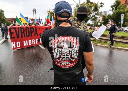 Gdansk, Poland. 5th Sep, 2020. The 'No more brother war' march participant wearing the European Brotherhood support 52 t-shirt is seen in Gdansk, Poland, on 5 September 2020 The march of the far-right, nationalist and racist organizations passed through the streets of the Gdansk city with a strong police escort. March participants chanted nationalist slogans as White Europe, White Life Matters, Scrap the Eu! etc. Credit: Vadim Pacajev/Alamy Live News Stock Photo