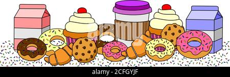 Banner coffee, cookies, milk, donuts, cup cake and chocolate Stock Vector