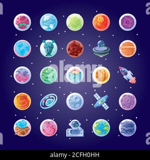 bundle of planets and asteroid space icons vector illustration design ...