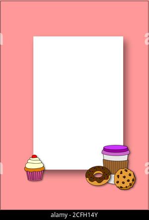 Blank sheet template with coffee, sweet pastry, donut, cup cake and cookie, pink background Stock Vector