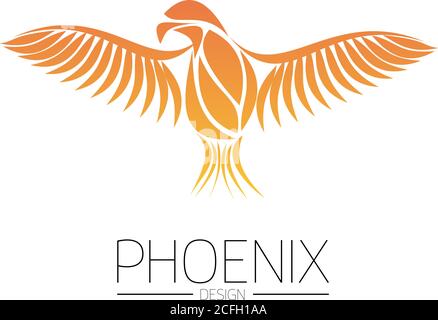 Flaming Phoenix Bird with wide spread wings in the orange fire colors on white background. Symbol of reborn and regeneration. EPS10 vector illustration. Stock Vector