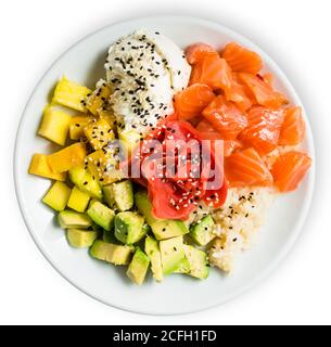 Healthy eating. Salad with avocado, mango, shrimps, cheese, isolated on a white background. Top view Stock Photo