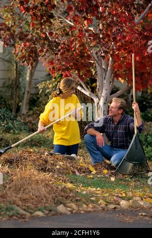 Young men raking the backyard in fall Stock Photo - Alamy
