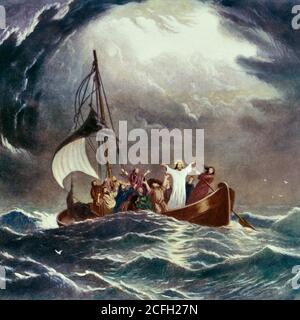1860s RELIGIOUS IMAGE DEPICTING THE MIRACLE OF JESUS CHRIST CALMING STORM ON THE SEA OF GALILEE PAINTING BY JAMES HAMILTON 1867 - kr9414 SPL001 HARS MIRACLE SON OF GOD DISCIPLES FAITHFUL MIRACLES FAITH GALILEE MESSIAH PRECISION SPIRITUAL STILLING BELIEF BIBLICAL DEPICTING INSPIRATIONAL JESUS CHRIST OLD FASHIONED Stock Photo