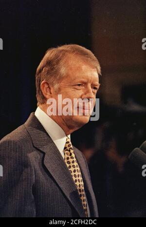 Close up of Jimmy Carter at a press conference ca.  26 January 1979 Stock Photo