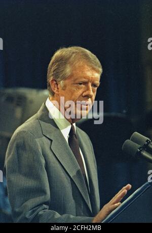 Close up of Jimmy Carter at a press conference ca.  17 January 1979 Stock Photo