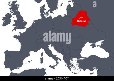 Belarus on Europe outline map with countries borders. Detail of World political map, central European region with silhouette. Earth isolated on white Stock Photo