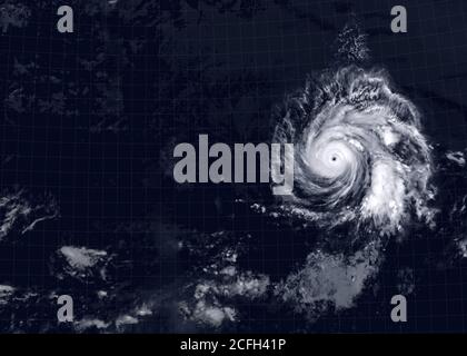 Storm over sea for background, view of tropical hurricane eye from space. Ocean typhoon on satellite photo of Earth. Concept of weather, disaster and Stock Photo