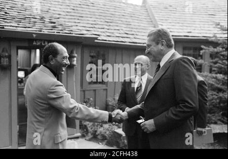 'Anwar Sadat greets Ezer Weizman, Israeli Defense Minister ca.  09/07/1978' Stock Photo
