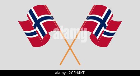 Crossed and waving flags of Norway. Vector illustration Stock Vector