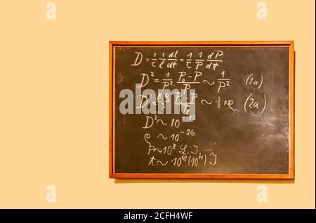 This blackboard was preserved from Einstein’s second lecture, on 16 May 1931, and its equations connect the age, density and size of the Universe. Bla Stock Photo